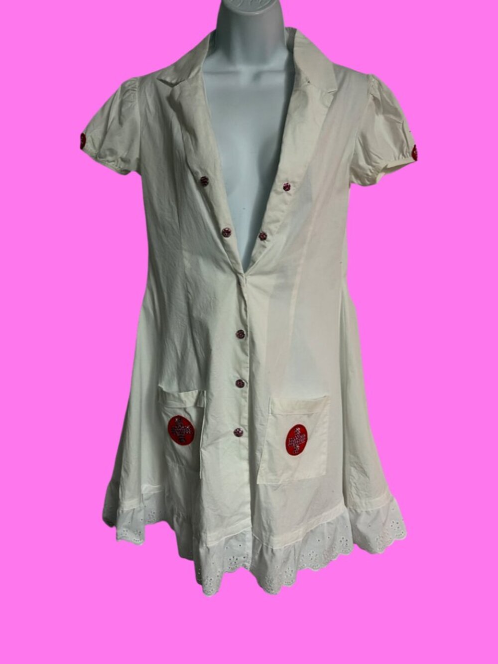 Sz.M/L*Music Legs*White "Nurse" Costume--Rhinestones Button-Front Mini Dress